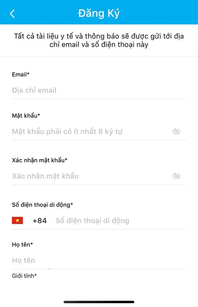 Màn hình điền thông tin đăng ký
